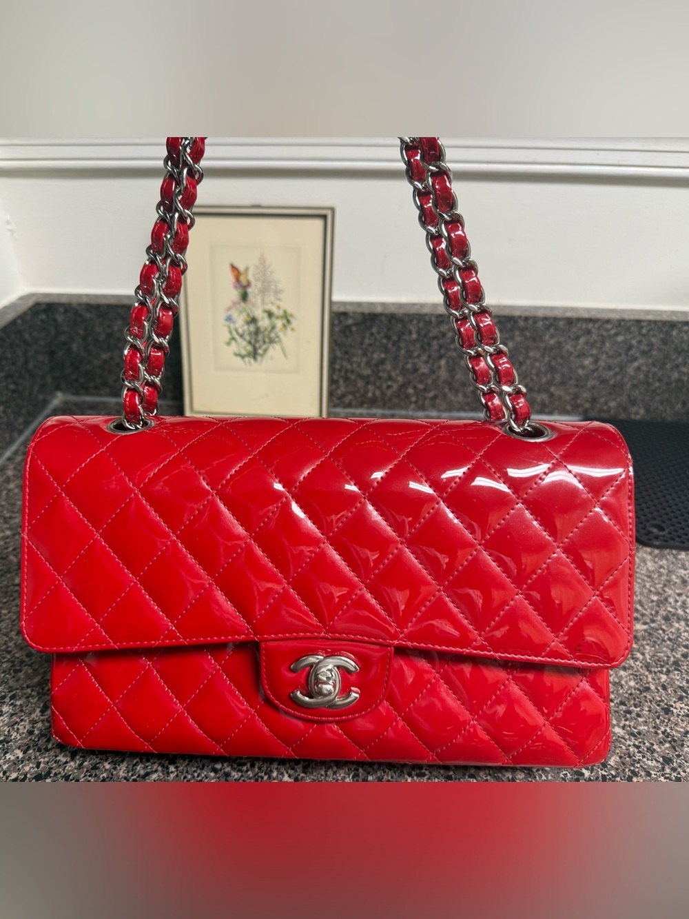 Chanel Classic Red Quilted Patent Leather Double Flap with Silver Hardware